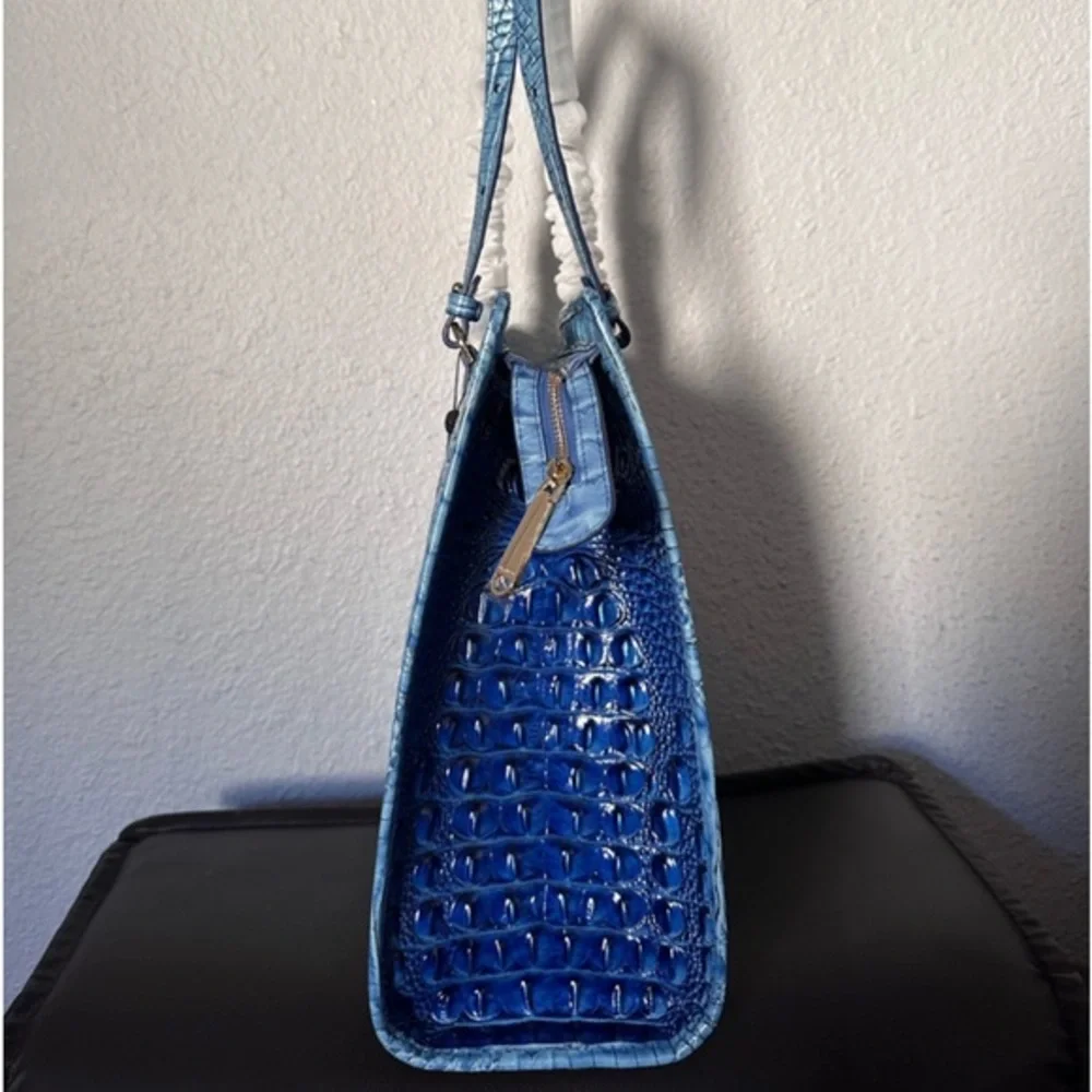 NWT BRAHMIN TIA ELECTRIC BLUE OMBRE MELBOURNE CROC-EMBOSSED LEATHER SATCHEL‎